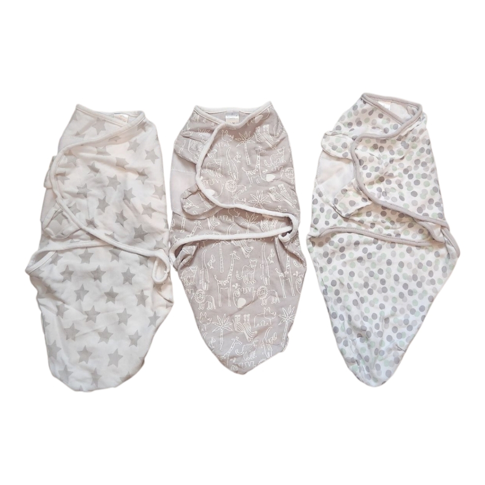 The Peanutshell Baby Swaddle Grey Animals Stars Dots 0-3M Set Of 3